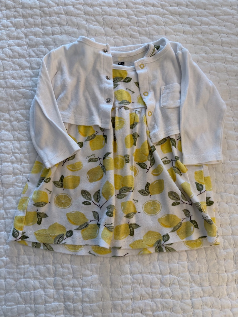 HB White Cotton Baby Lemon Dress with White Cardigan (9-12M)